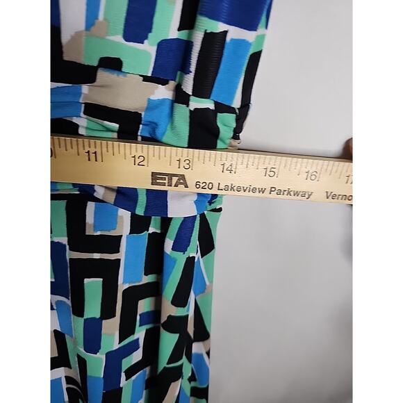 Dressbarn Dress Size 10 Blue & Black Geometric Print Scoop Neck Ruched Waist - Picture 7 of 8